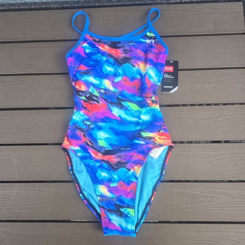 TYR Womens Durafast Synthesis Blue/multi Crosscutfit One Piece Swim Sz 30 New